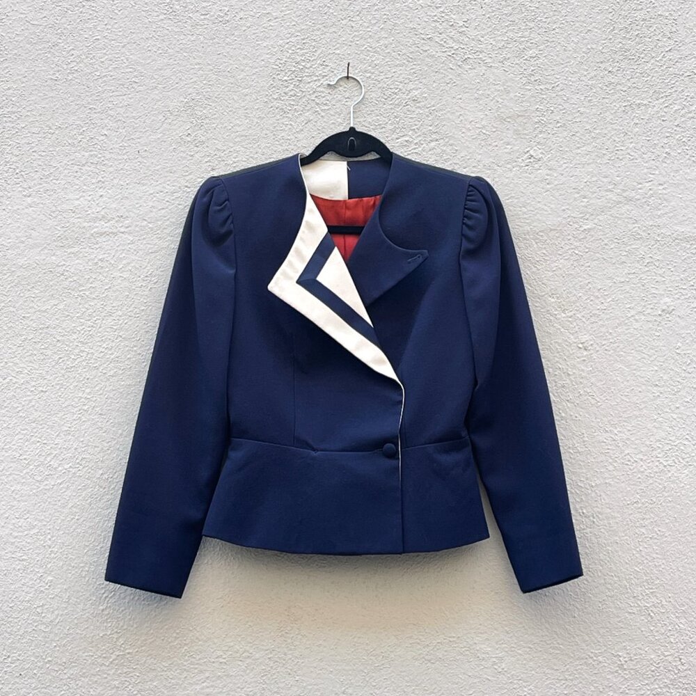Vintage 70's Women's Eric Sands Asymmetrical Geometric Blue Navy Blazer Jacket - Picture 1 of 7